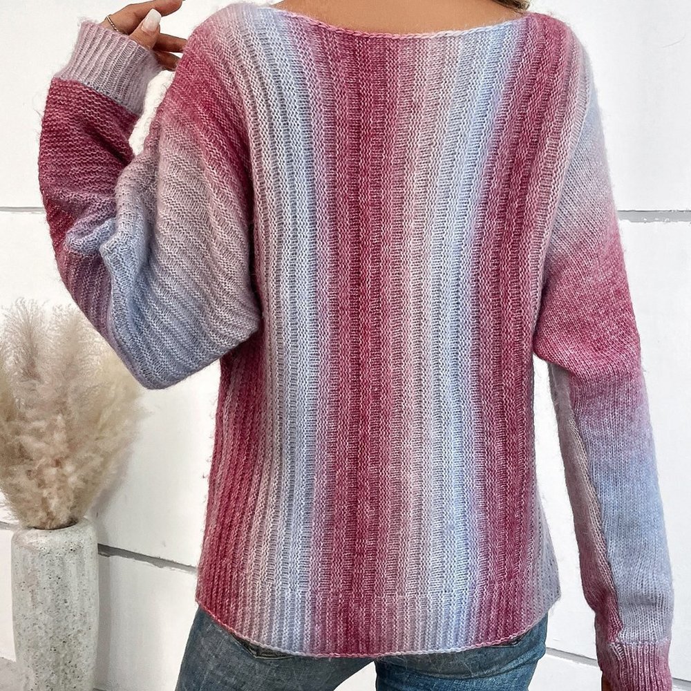 Burgundy Preppy Womens Ombre Batwing Sleeve Sweater - Picture 2 of 5